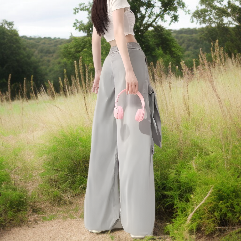 春夏リボン付きワークワイドパンツ ゴム入りハイウエスト 細見せゆったり 3XL大きめサイズ