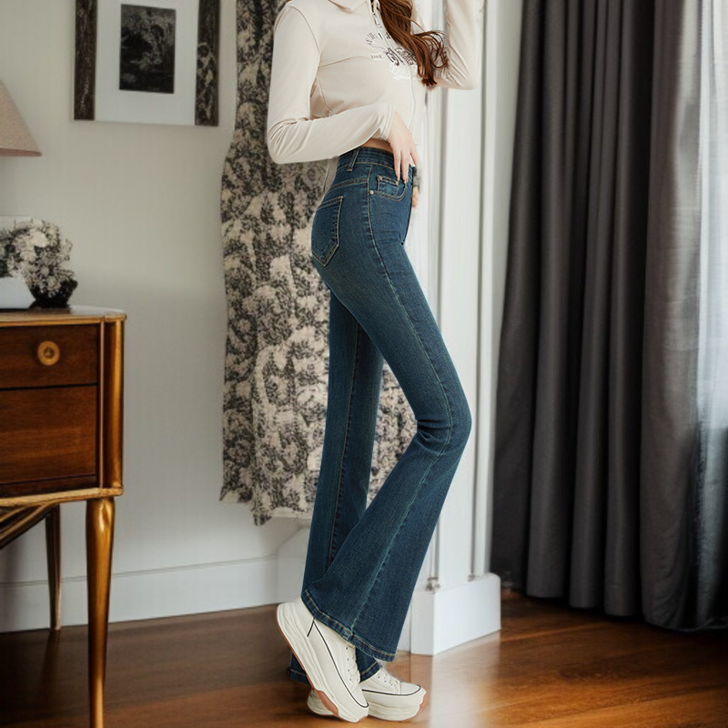 小さめハイウエストワイドジーンズ女性春春スリム細めマイクロフレアワイドパンツ