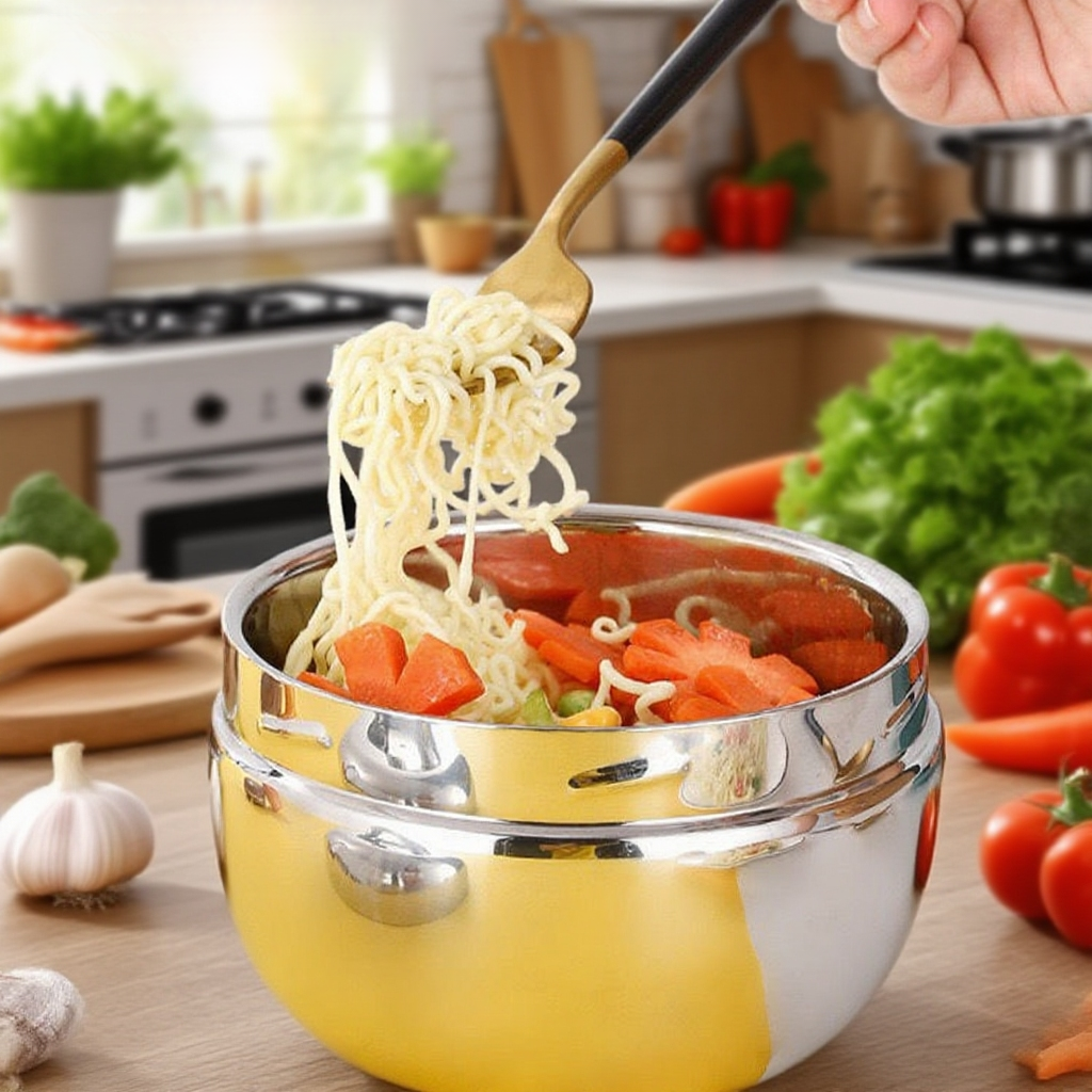 Stainless steel circular double-layer insulated lunch box front view