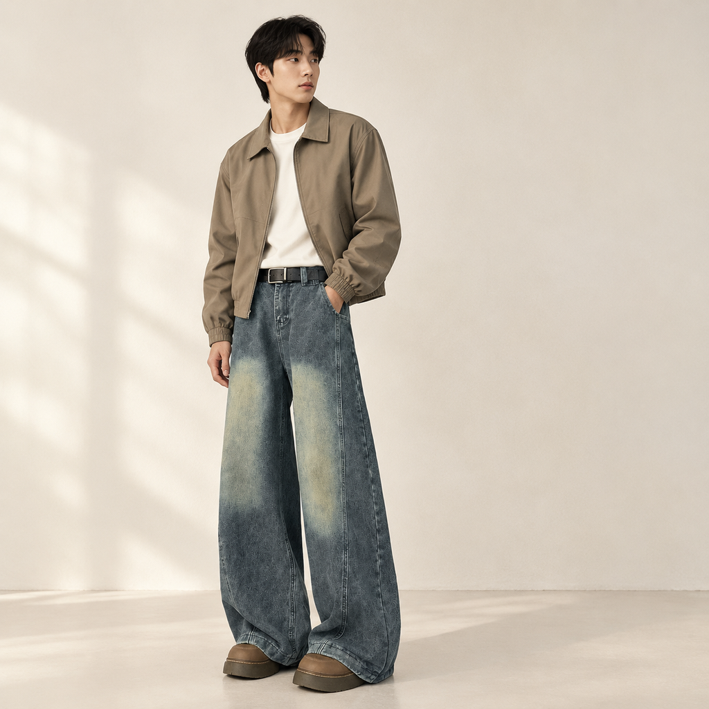 복고풍 워싱 해체 디자인 청바지 남성 봄가을 와이드 팬츠