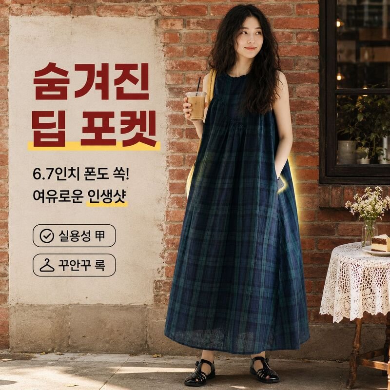 빅사이즈 체크 면마 프릴 민소매 드레스