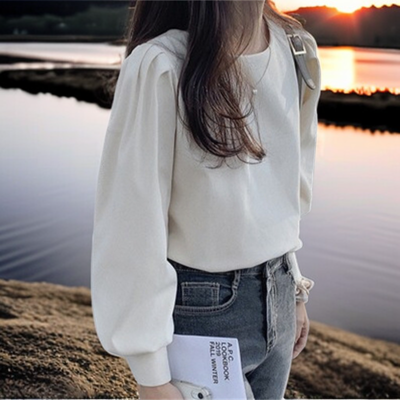 女性の秋の白い老化長袖シャツ緩い泡袖ブラウスヘイズブルー長袖シャツ