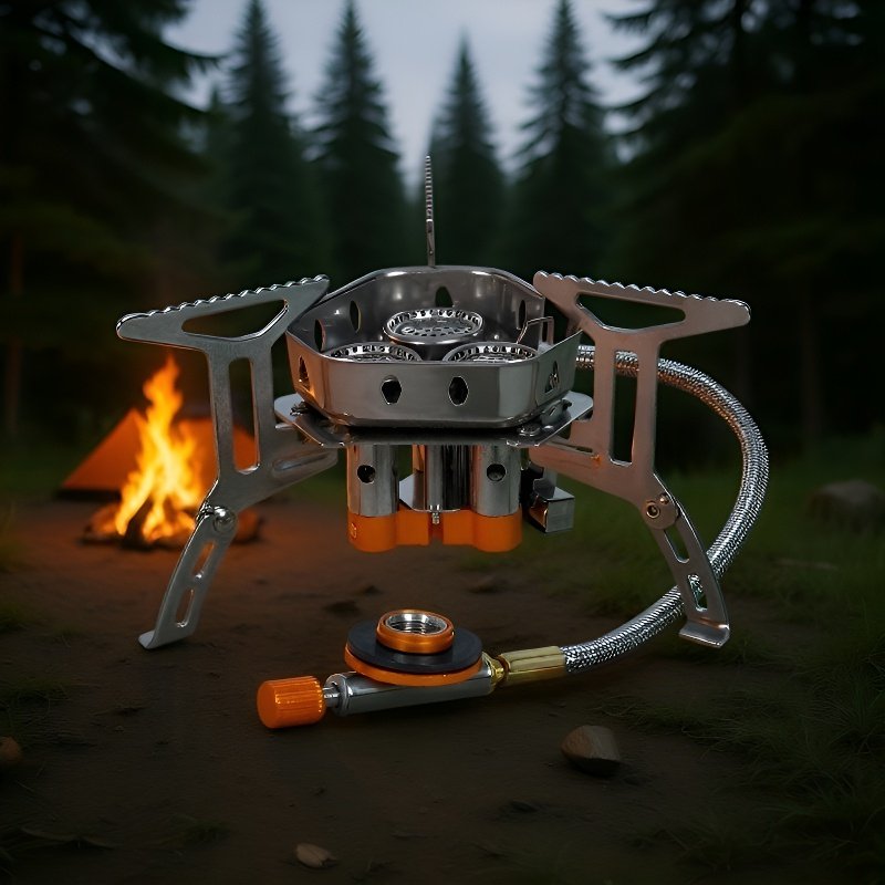 屋外調理に適した、3 つの防風バーナーヘッドを備えたポータブル カセット ストーブです。