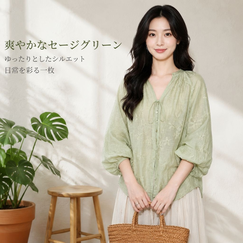 フレンチグリーン花柄刺繍バルーンスリーブトップス レディース