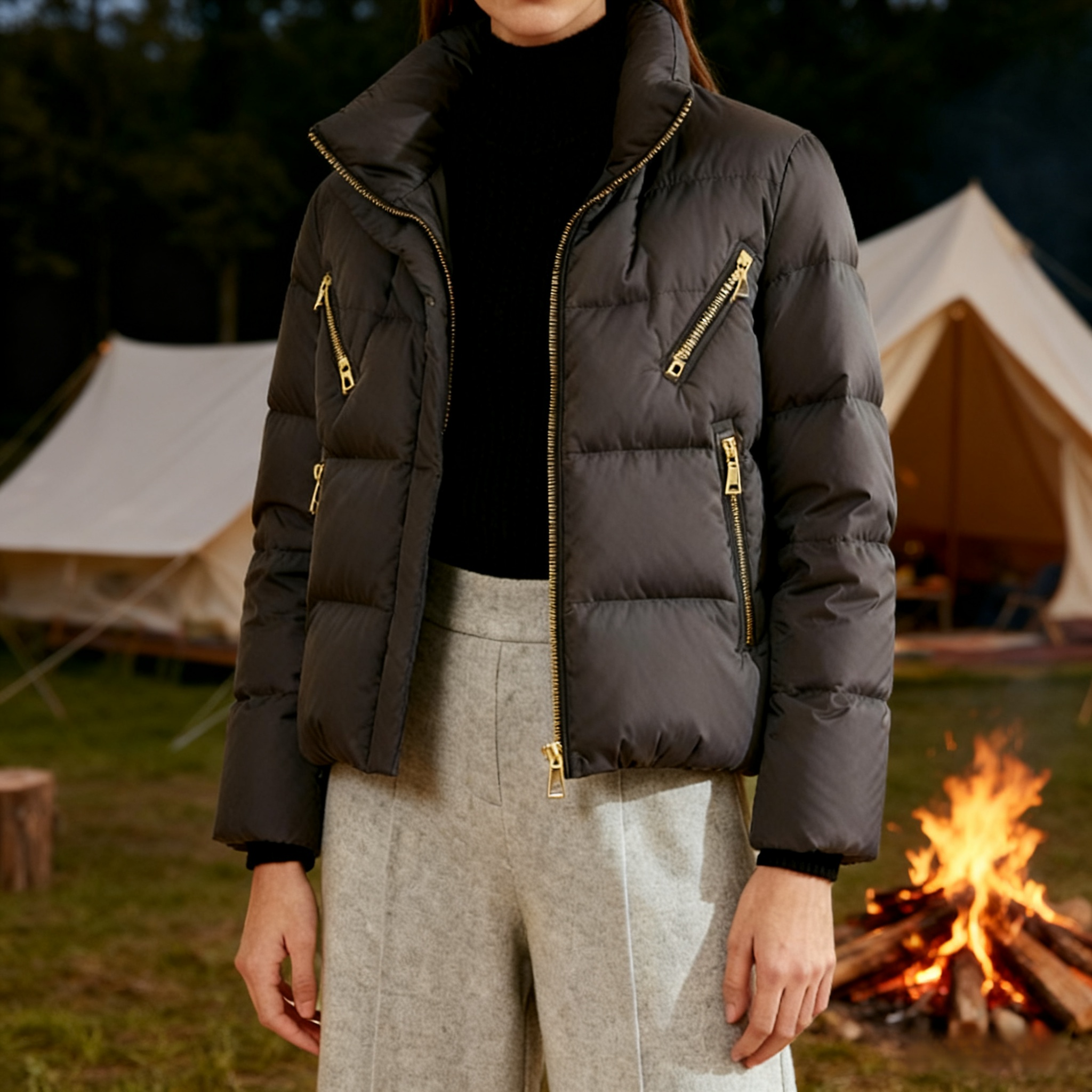 여성용 브라운 숏 다운 점퍼