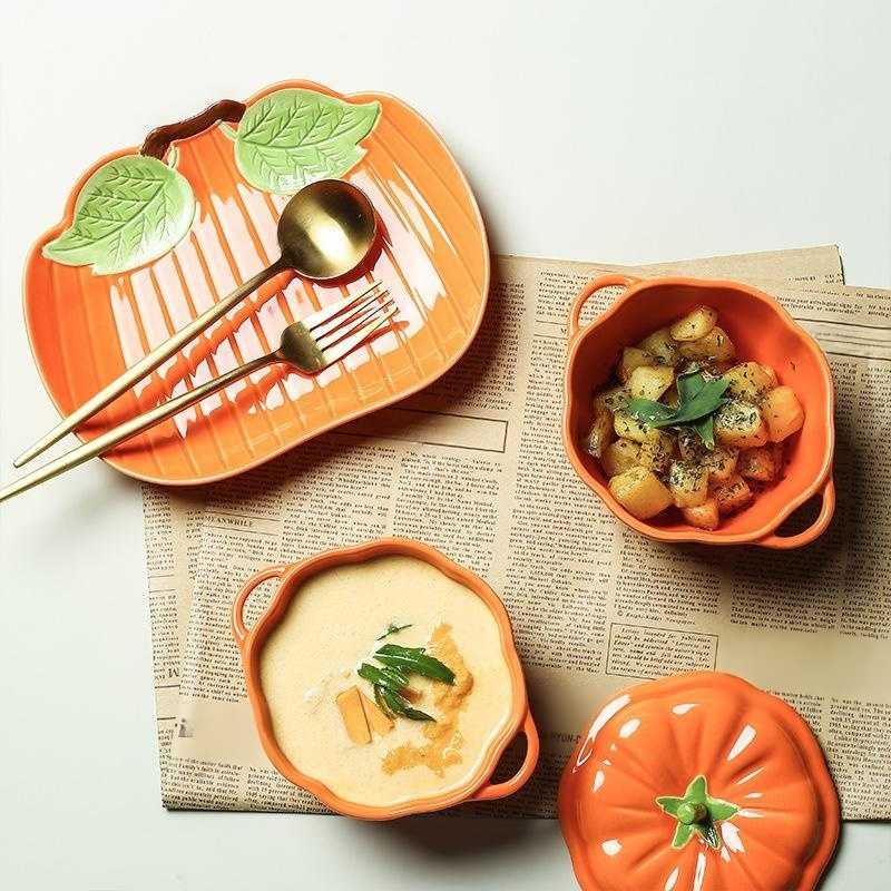 Pumpkin-Shaped Ceramic Double-Handled Bowl