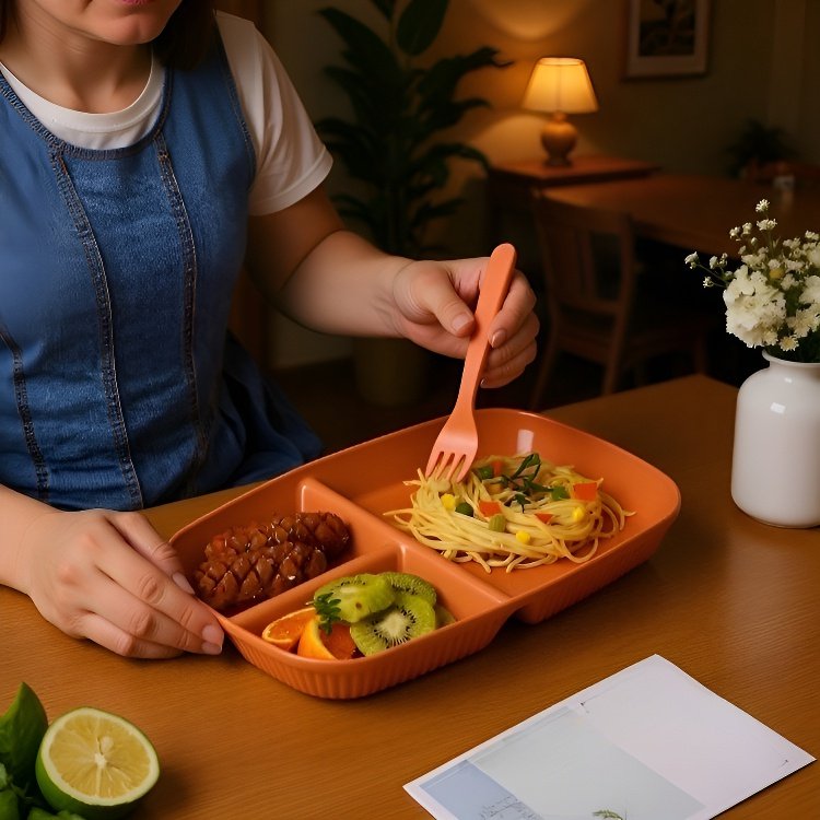 밀짚 소재의 3칸 다이어트 접시, 건강식 접시