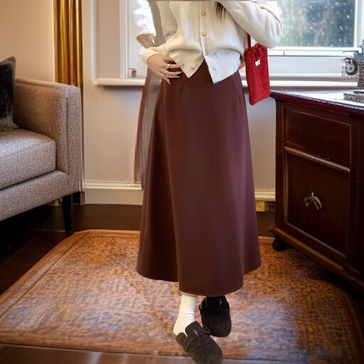 겨울 블랙 드롭 레귤러 미디 스커트 컬러 기모 미디 스커트