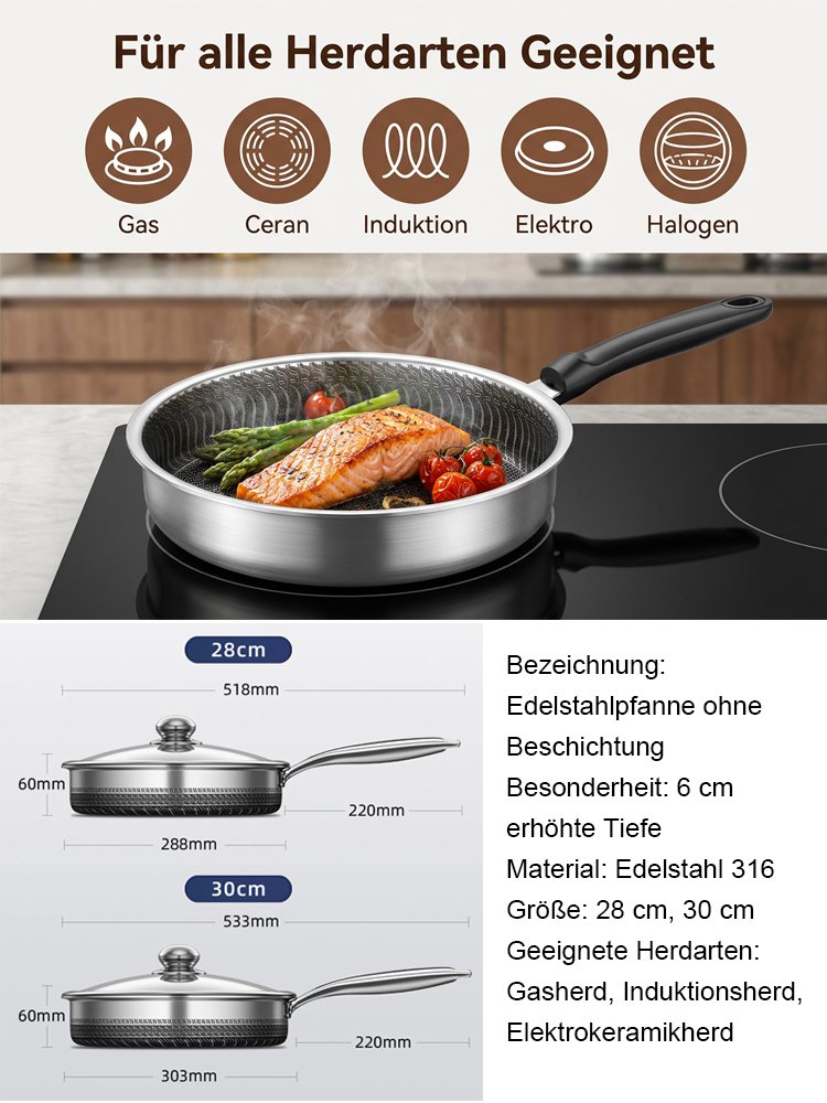 Edelstahlpfanne zum Braten von Eiern und Steaks.