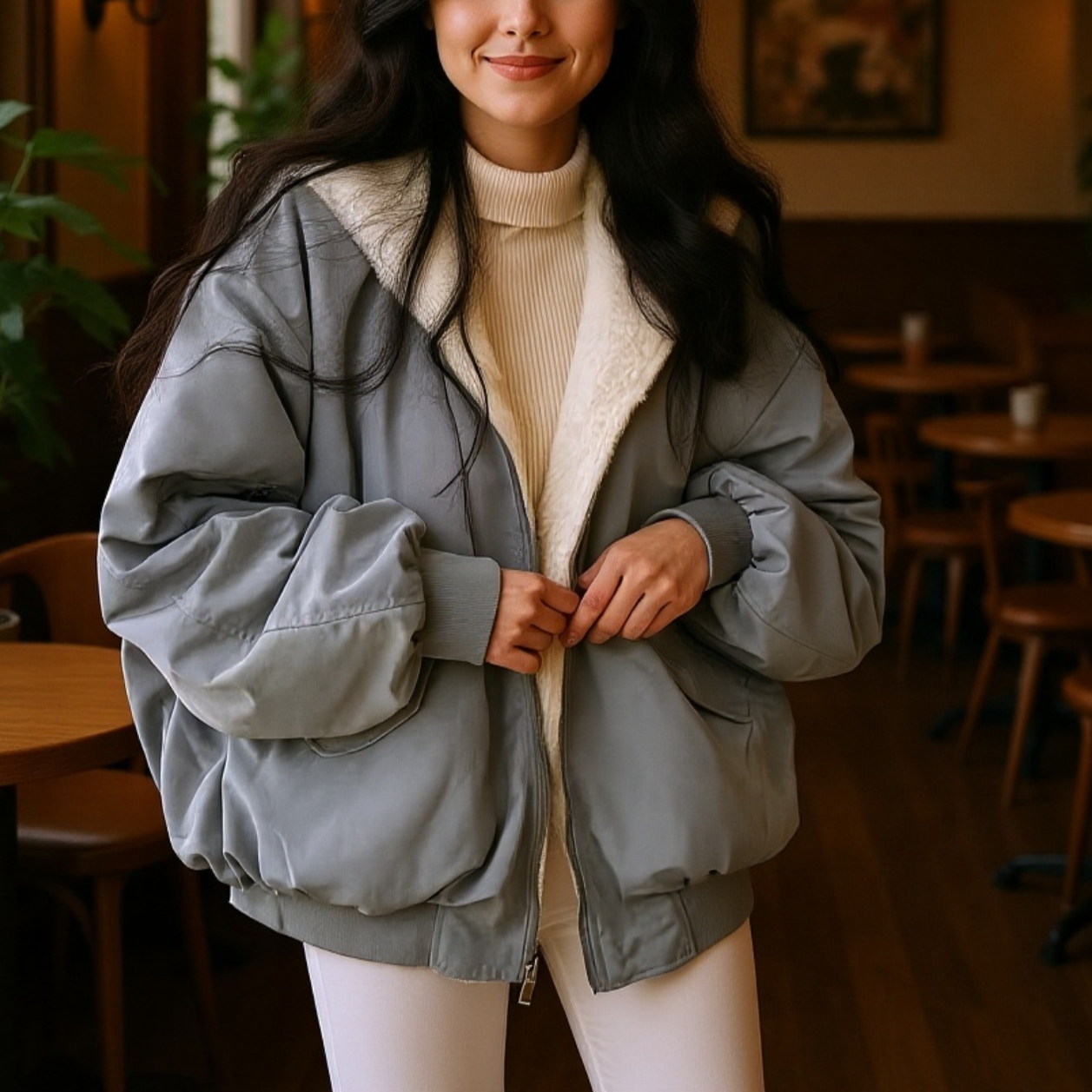 フード付きレディースコートの前面デザイン