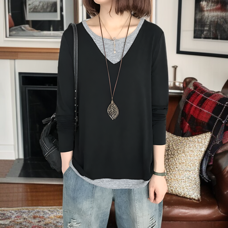 レディース秋長袖Tシャツ、秋パッチワークフェイクツーピースセット、新韓国スタイルカジュアルシックトップス、Tシャツベースレイヤー