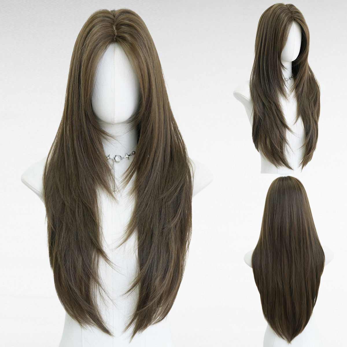 여성용 패션 긴 흑색 레이어드 풀위그, 둥근 얼굴용