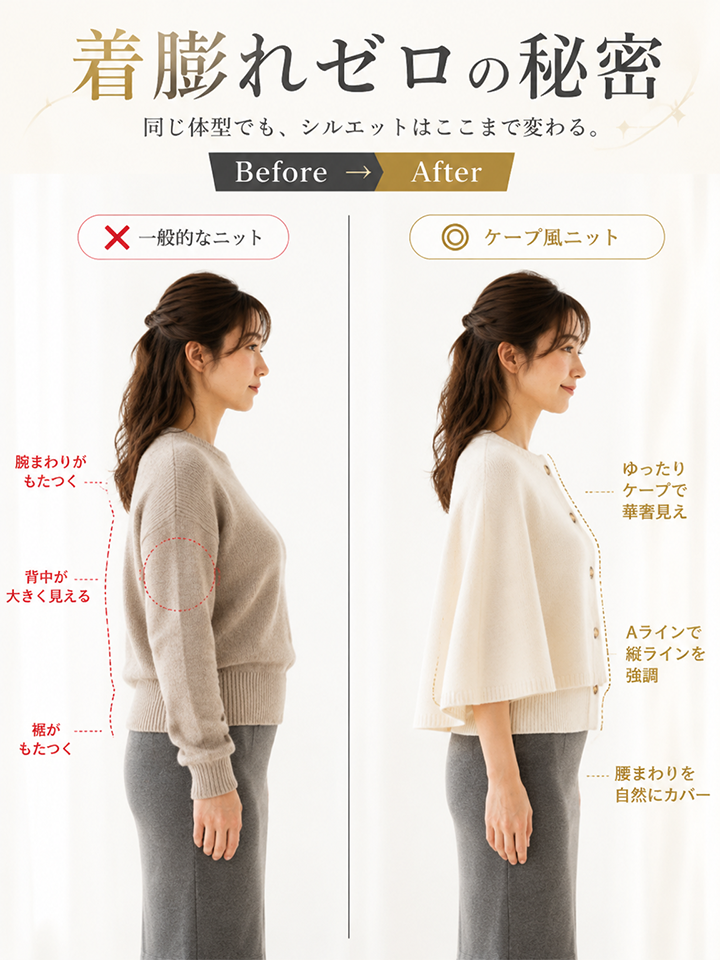 【2026秋新作】Monolly 着痩せニットケープ | 体型カバー・抜け感・秋のレイヤード