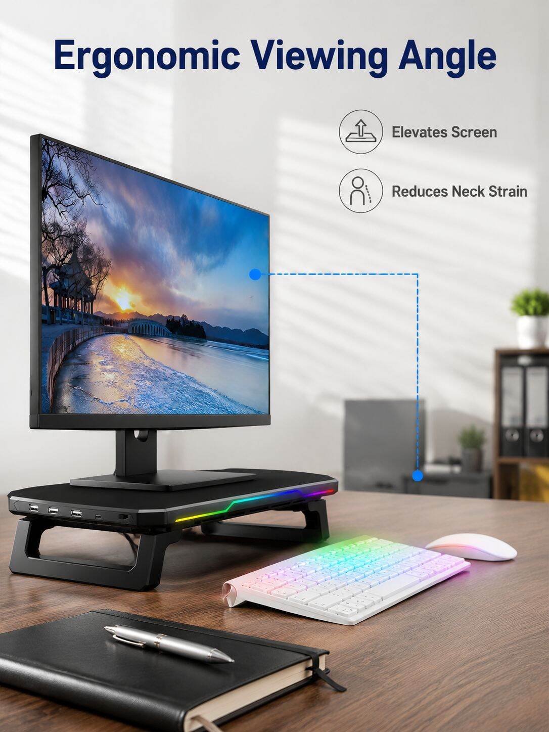 Foldable LED Monitor Riser Stand with USB Data Transfer