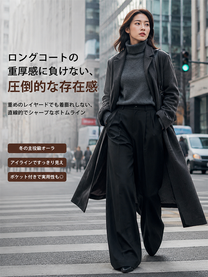 Monolly 着回し抜群 ハイウエスト ワイドパンツ
