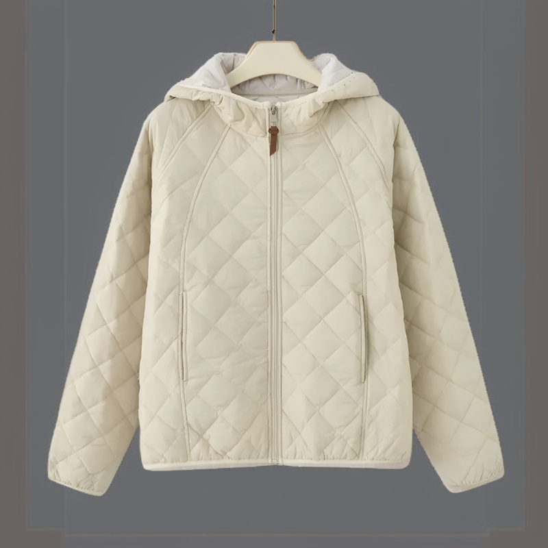 Side profile of warm loose short style cotton jacket for women