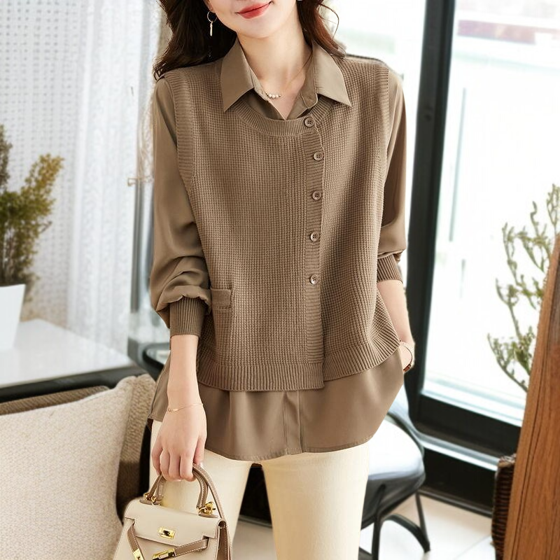 고급스러운 가을 여성 스웨터 페이크 투피스 착용 이미지