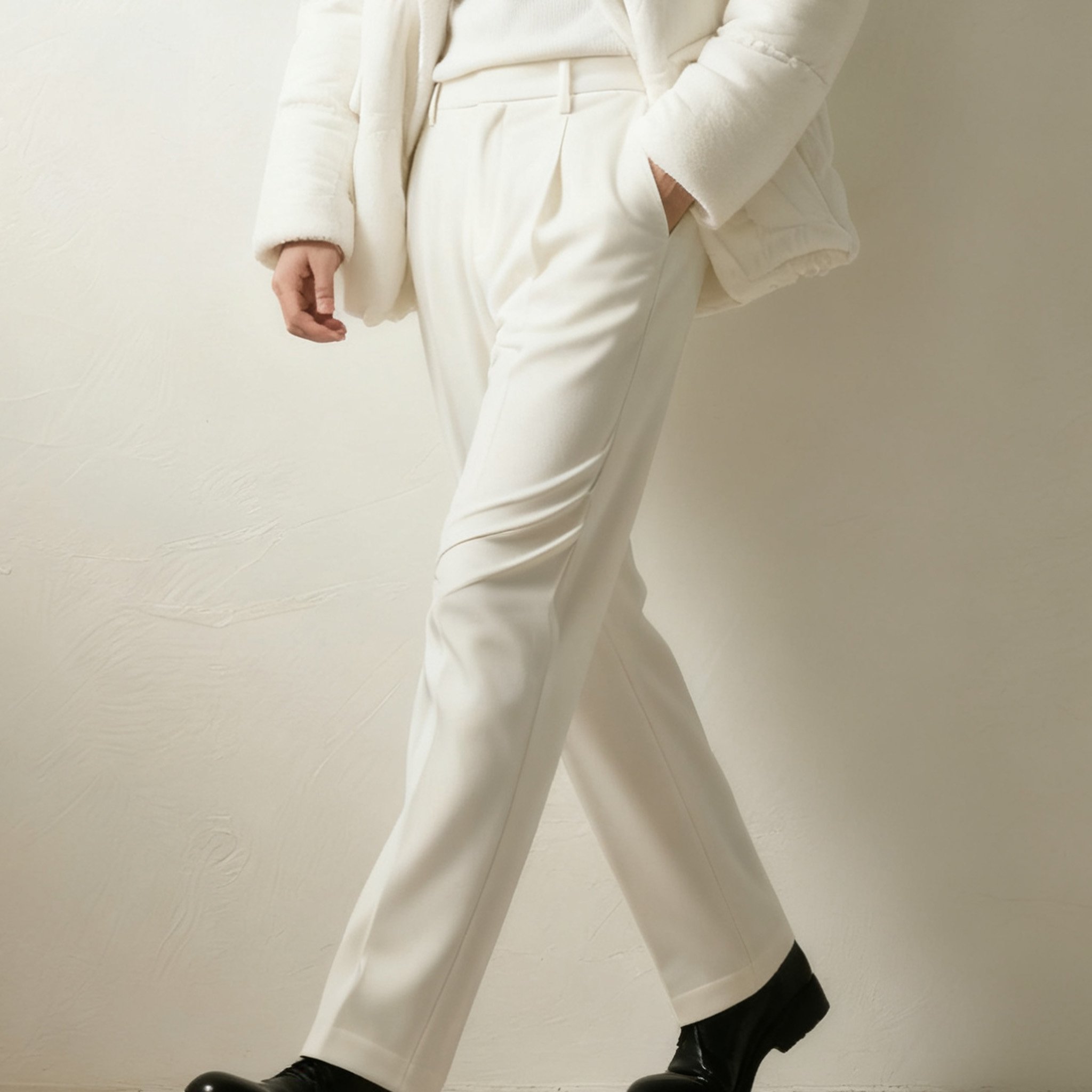 남성용 고급 화이트 슬랙스 착용 샷