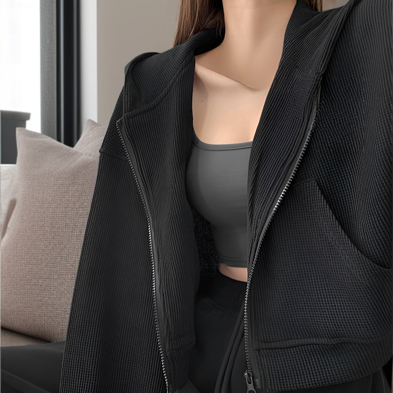 ゆったり大きいサイズレディースフード付きショートスウェットジャケット、春秋新スタイル