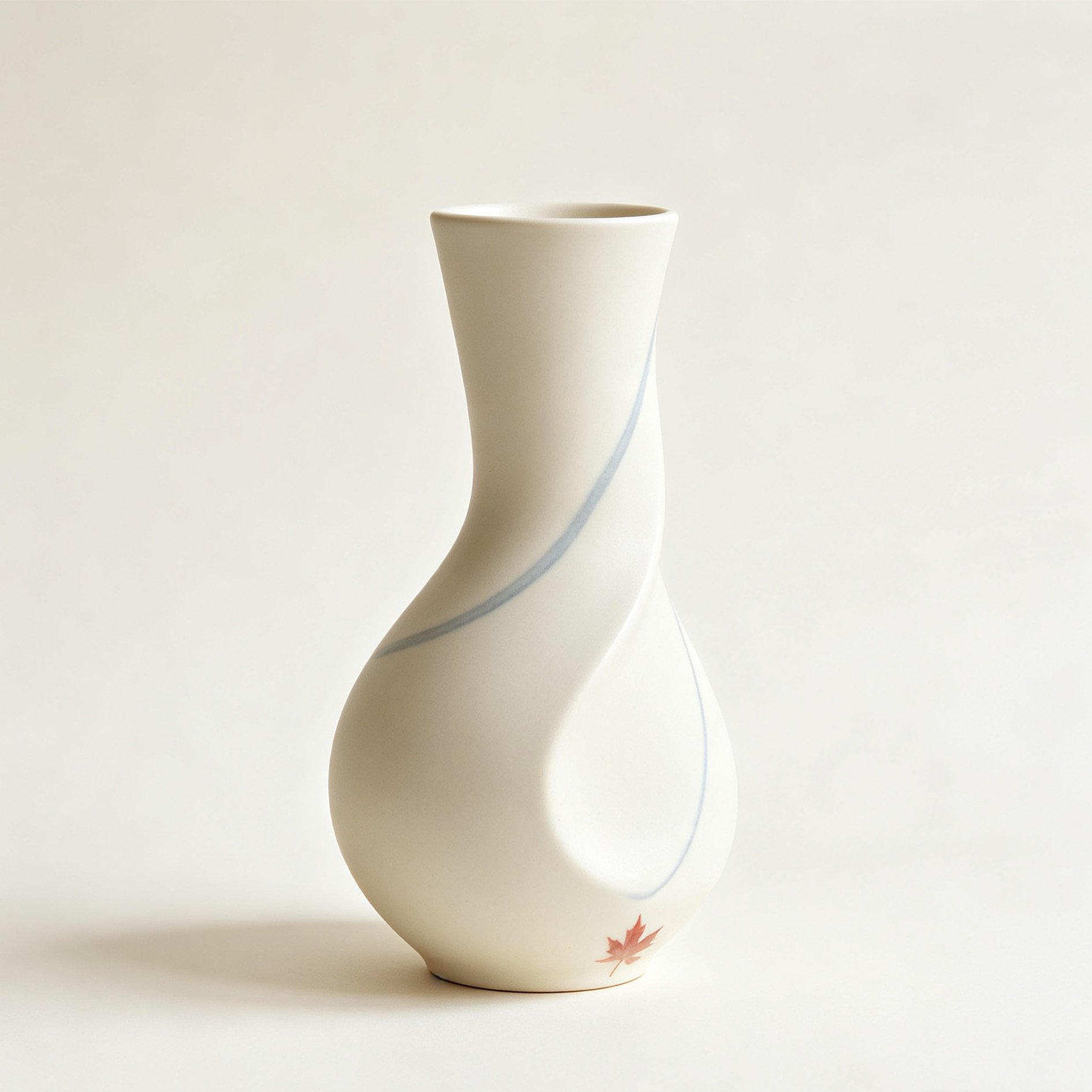 Front view of maple-patterned twisted-neck vase