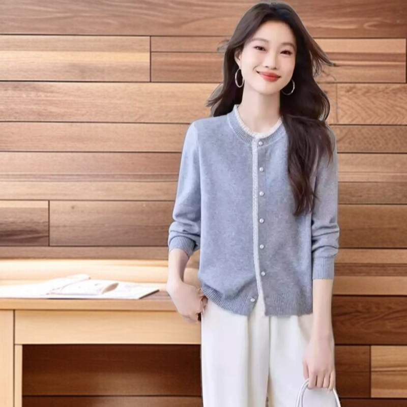 여성 그레이 니트 가디건 아우터 무드 상의 레이스 긴팔 니트