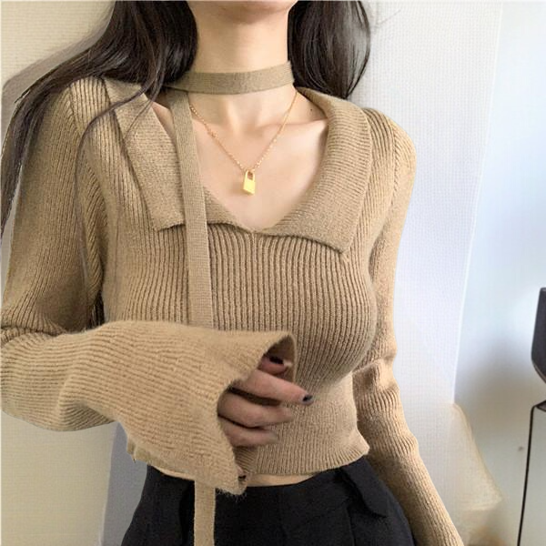 니트 여 퓨어 숏 슬림핏 긴팔 상의 니트 여자 쇼트 슬림 긴팔 톱