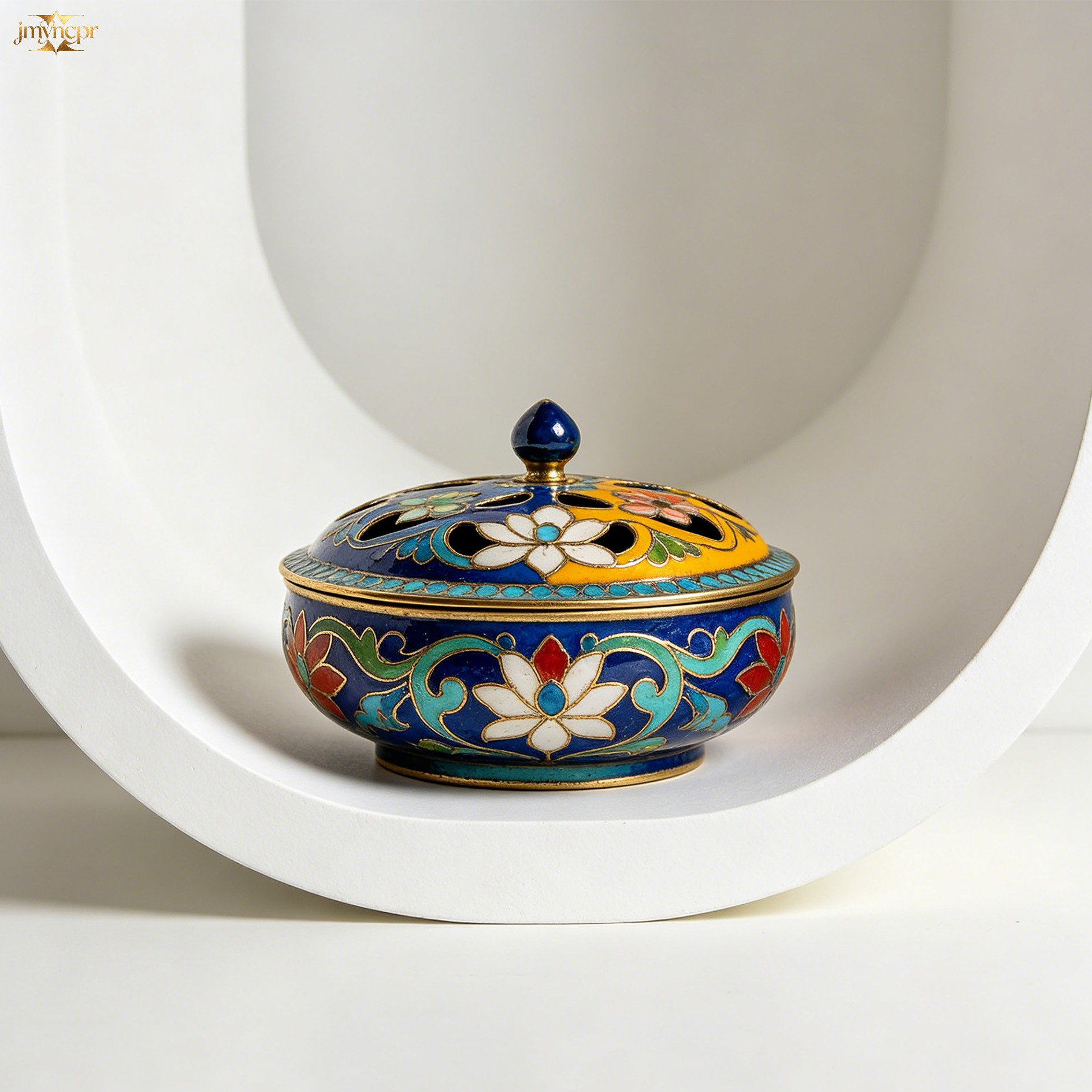 Cloisonné Openwork Storage Boxes set of 3 displayed on a wooden shelf