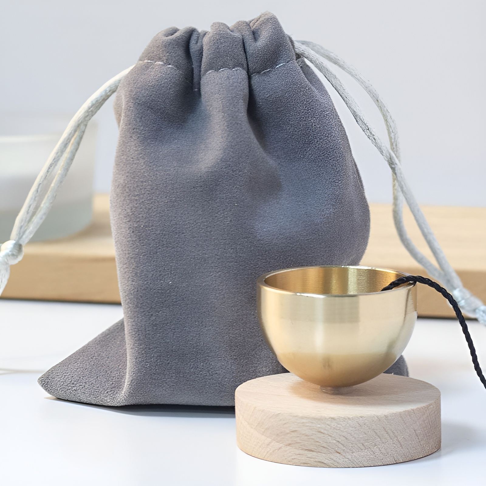 Juego de mini cuencos tibetanos de madera y campanas de viento de latón puro