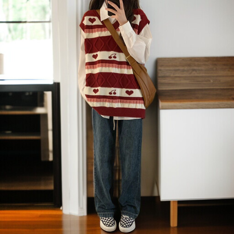 女子学生ニット・ジャンパー ストライプVネックセーター チェリー・ジャカード・クラッシング・セーター 女性学生ニットベストセーター