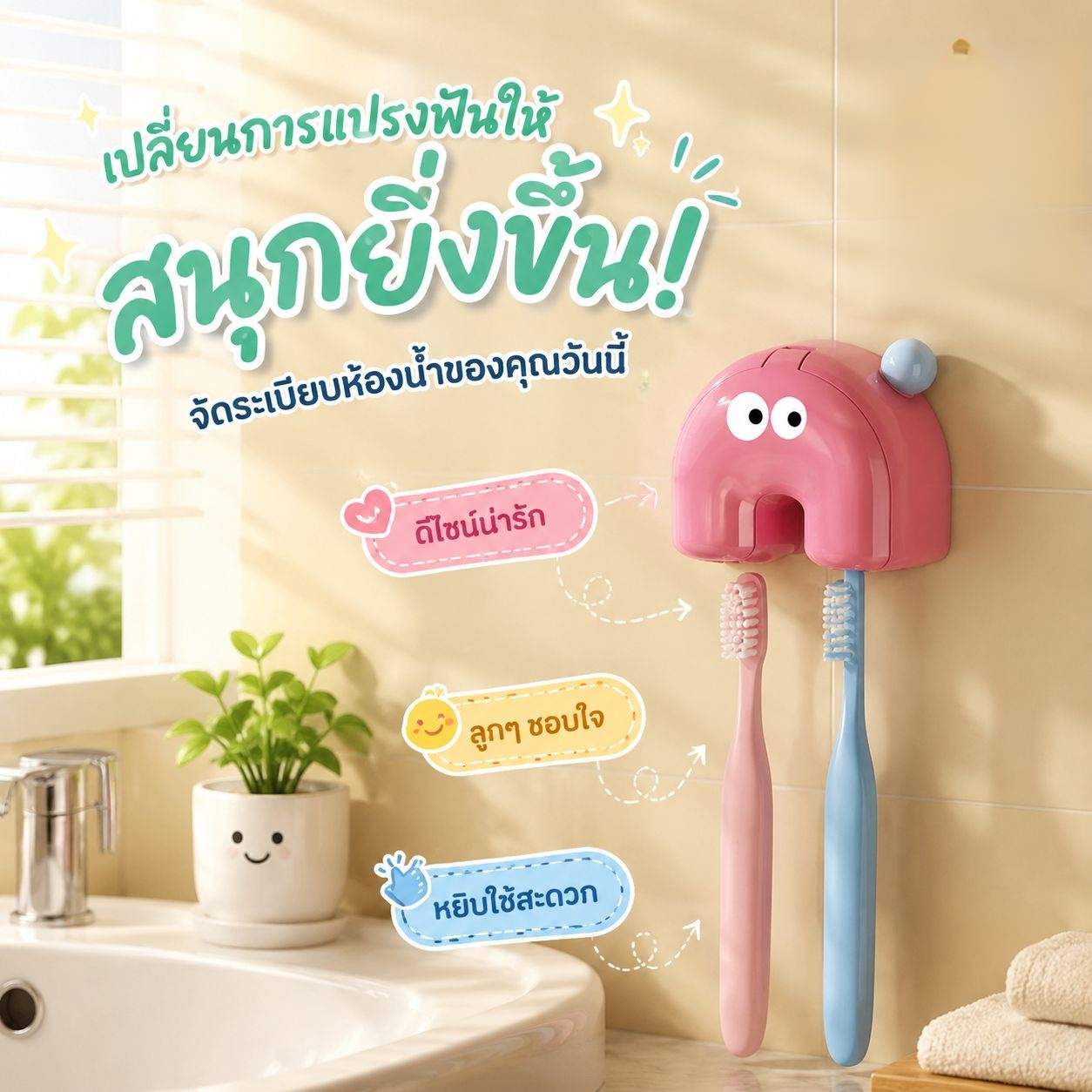 ที่วางแปรงสีฟันแบบติดผนังลายการ์ตูน ไม่ต้องเจาะ ชั้นวางของห้องน้ำ