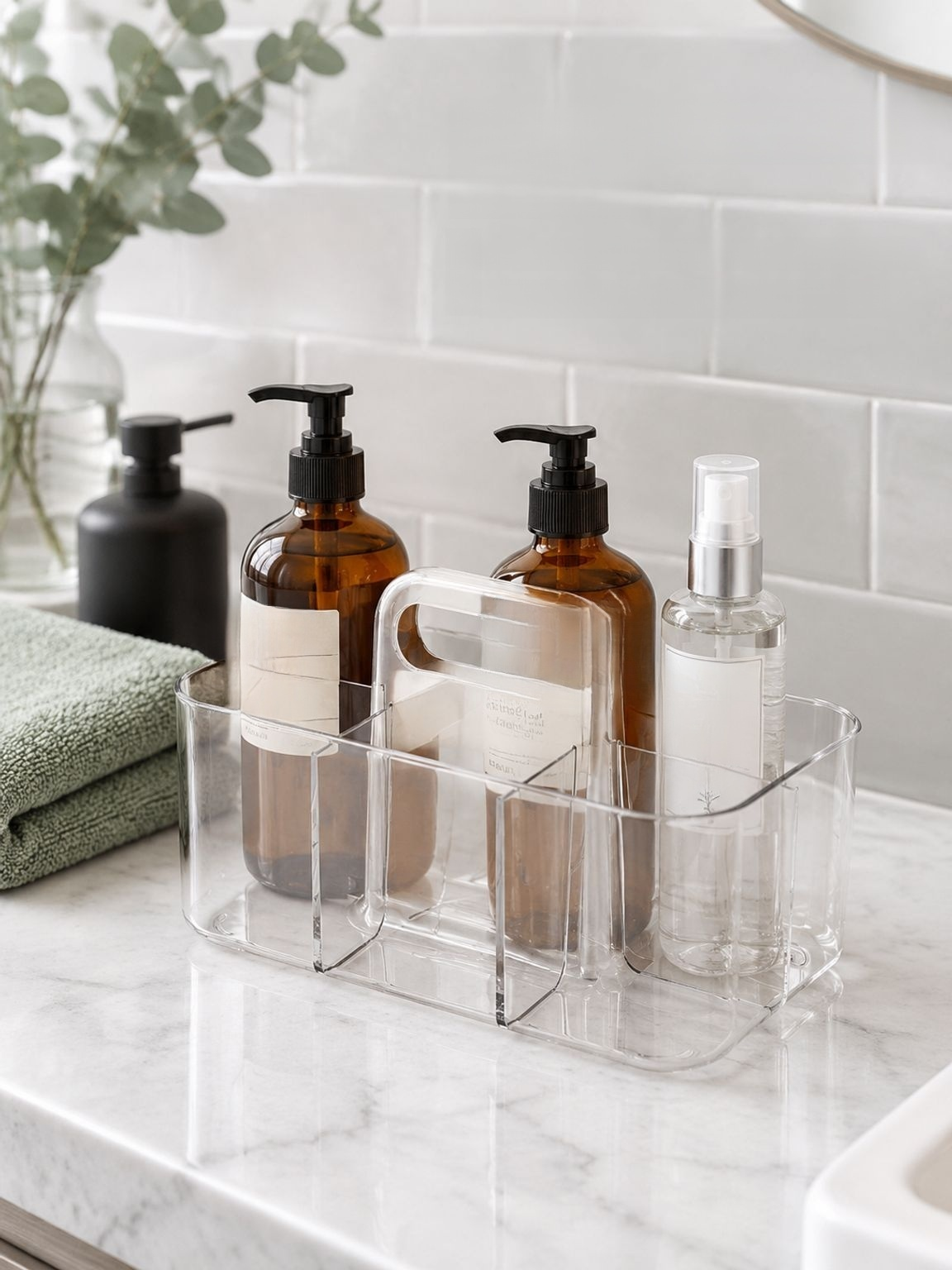 Bathroom toiletries organizer caddy for shampoo, lotion, cosmetics, and accessories