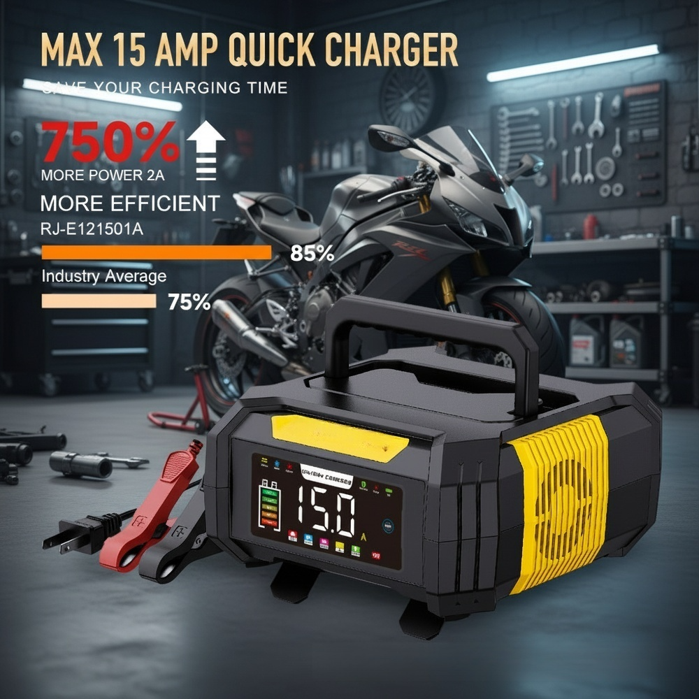 Portable Car Battery Charger for Lead-Acid/Lithium Iron Phosphate Batteries with Concealed Cable