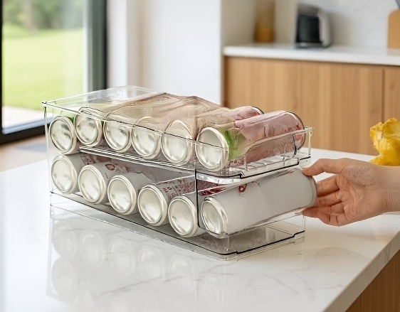 Vista lateral del estante para latas de aluminio