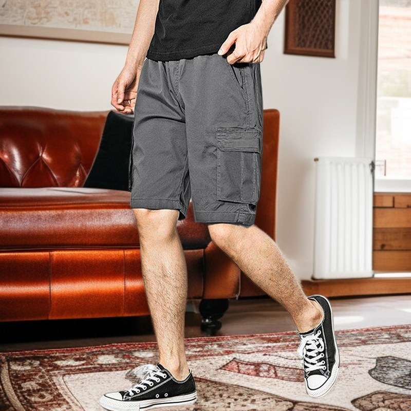 夏メンズゆったり多ポケットワークハーフパンツ