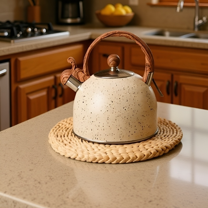 Stainless steel kettle boiling water on stove