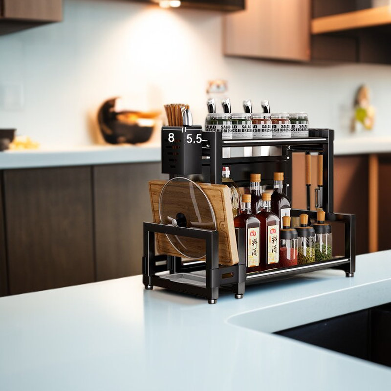  多機能キッチン収納ラック ステンレス製 調味料収納用 ブラック
