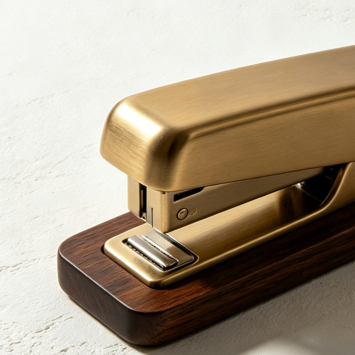 Close-up of brass stapler with walnut base