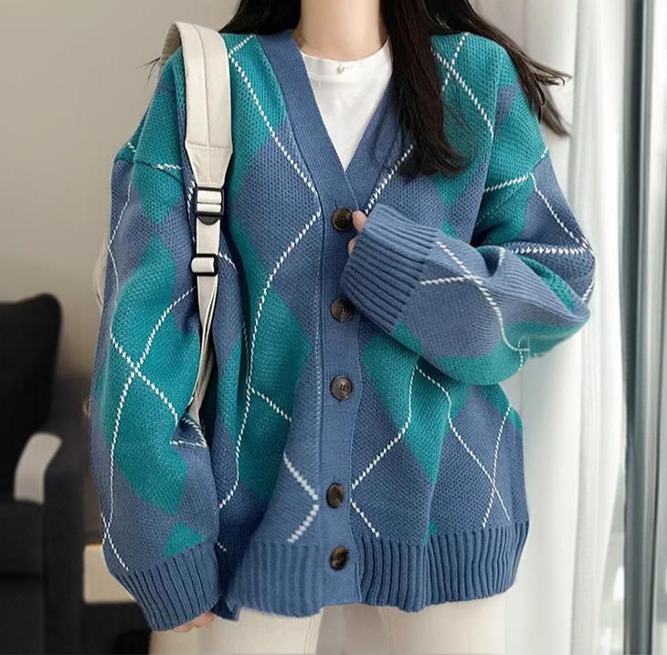 여성 아가일 당색 니트 카디건 아웃도어 학원풍 루즈핏 울 카디건 나른한 스웨터 카디건