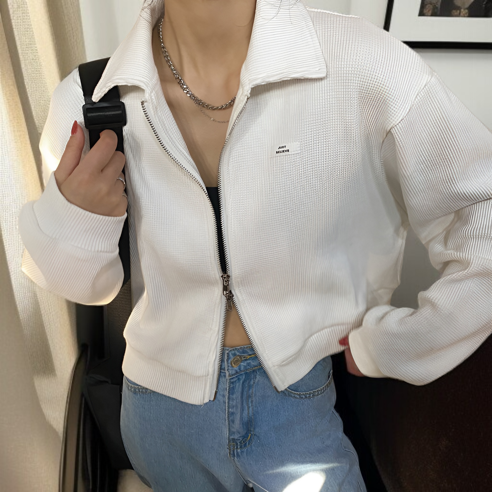 女性用ジッパー付きスポーツワッフルジャケット、春と秋のスタイル、万能カーディガン、学生向けの新しいスタイル、ショートトップス