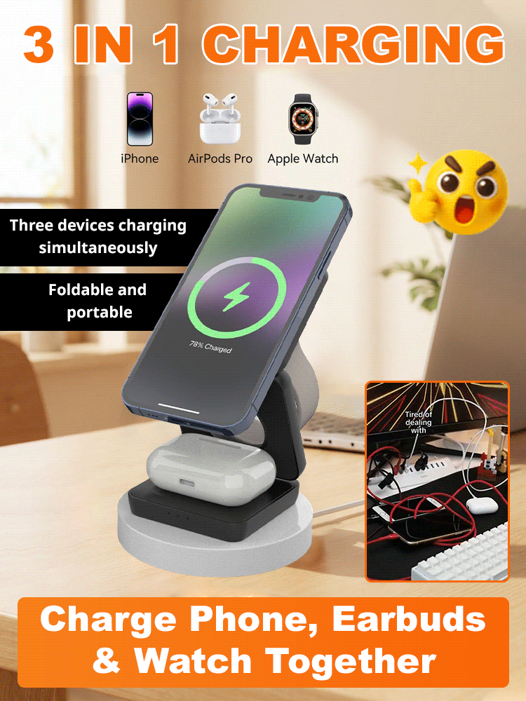 【 Say goodbye to clutter 】 Three in one folding magnetic wireless charger