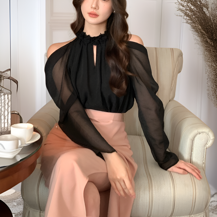 新作秋スタイル ゆったりとしたオフショルダー長袖シフォンブラウス（レディース）