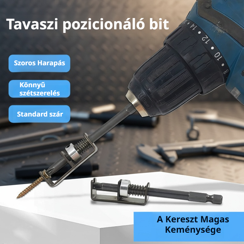 Rugós csavar rögzítő fúrófej egykezes működtetéssel, univerzális csavarrögzítő eszköz