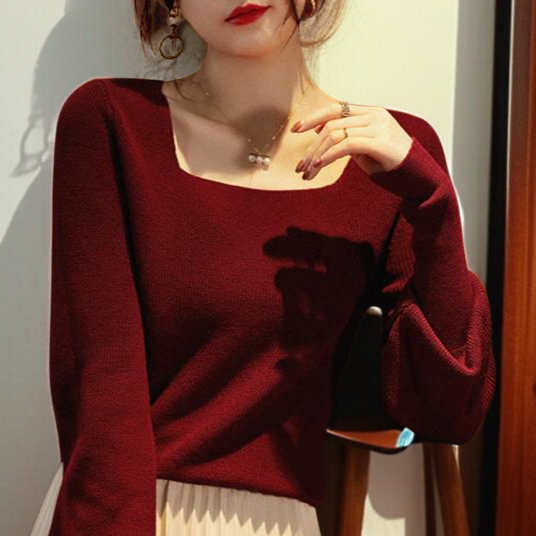 ジャンパー女性気質ニットボトムシャツスクエアネックランタンスリーブニットウェアエレガントなインナートップス