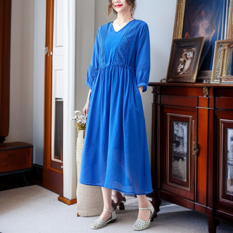 편하고 모던 심플 7부 문예풍 스트랩 원피스 롱 브이넥