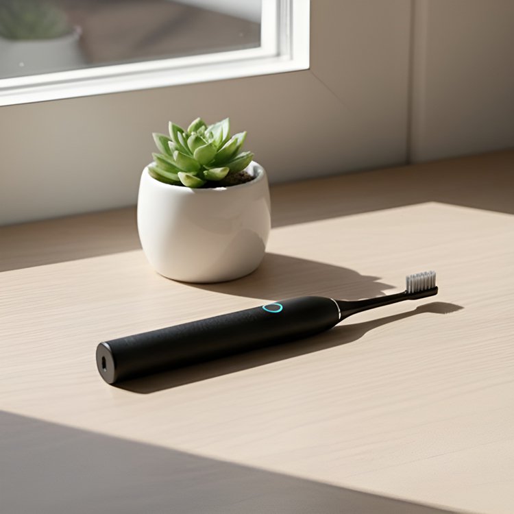 Moderní černý elektrický zubní kartáček v koupelně