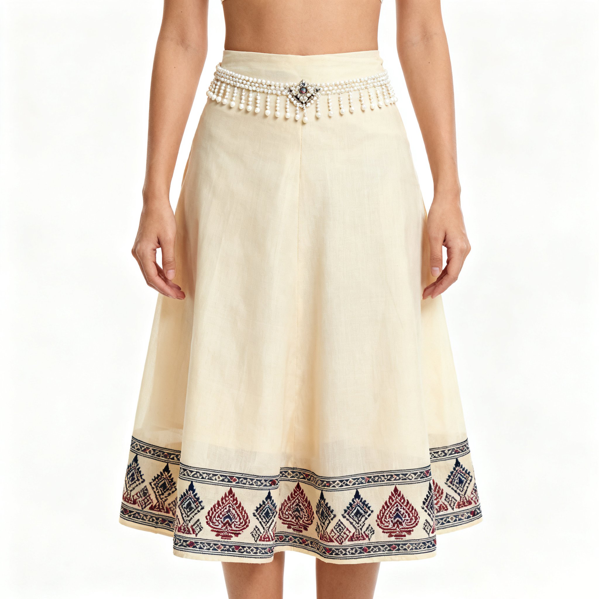 กระโปรงแฟชั่นเอวสูงประดับไข่มุกพร้อมสายเข็มขัด