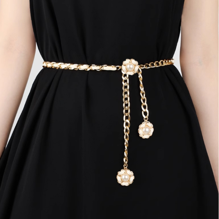 ファッション椿花ウエストチェーン、黒白調節可能な細ベルト、スーツ女性用アクセサリー