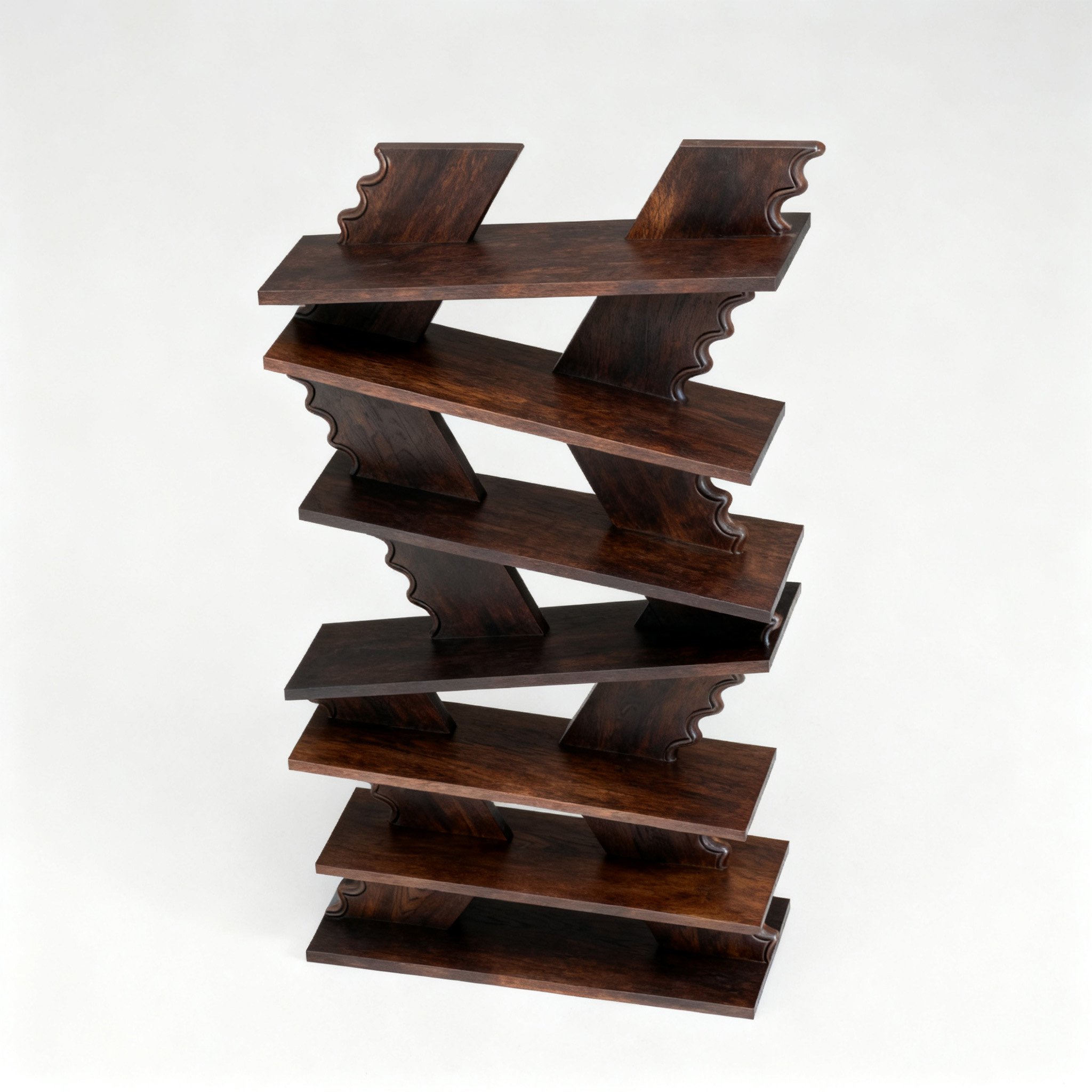 ชั้นวางหนังสือไม้ลายแกะสลักทันสมัยตั้งในห้องนั่งเล่น