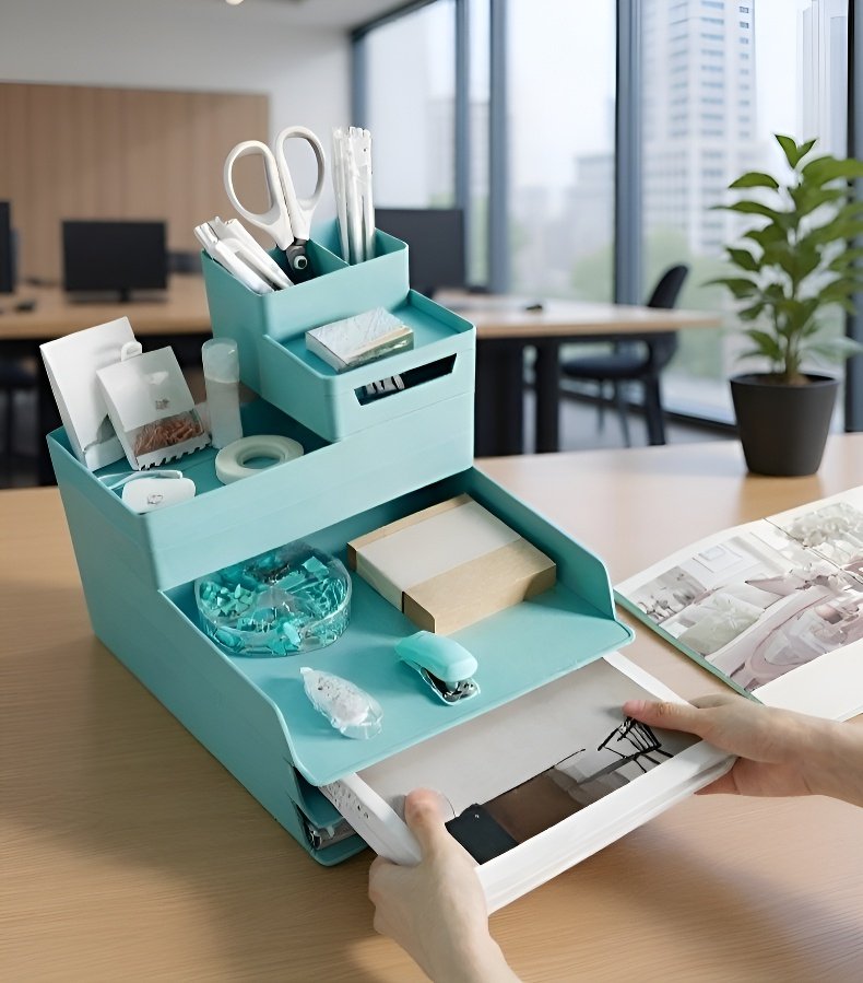 オフィスデスクに置いた収納ボックスのイメージ