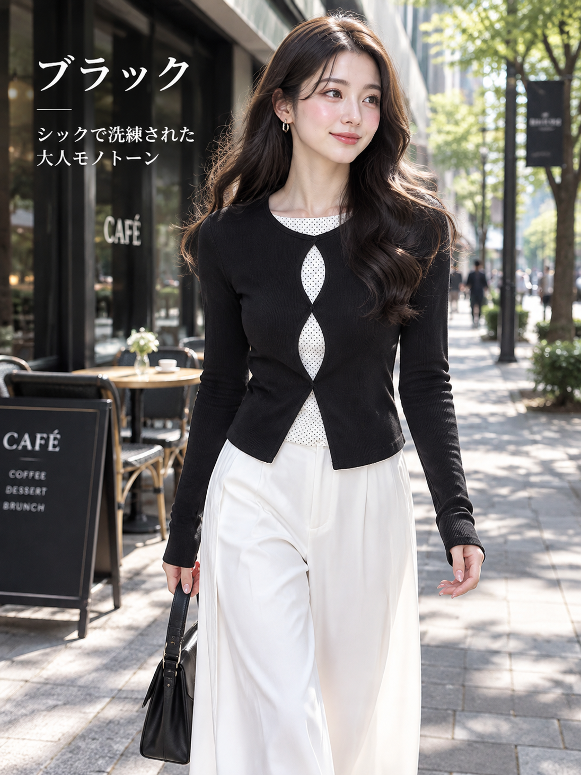 【秋の新作半額】Monolly ドットコンビ長袖トップス｜上質感・極上の肌触り・オンオフ着回し